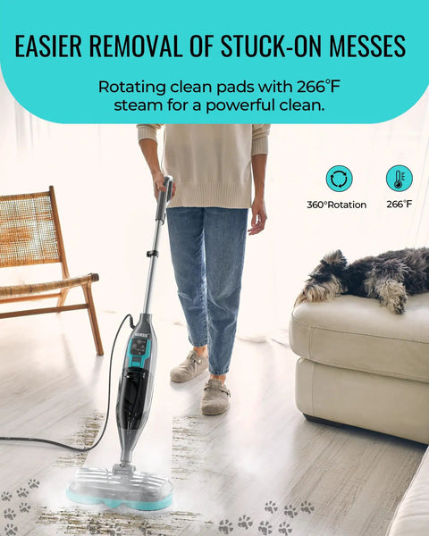 Heavy Duty Steam Mop And Electric Floor Steamer Scrubber With Rapid Electric Spin Pads For Hardwood Tile Laminate And Vinyl Kicking Grime To The Curb And Delivering A No Sweat Deep Clean Daily in action on a hardwood floor.