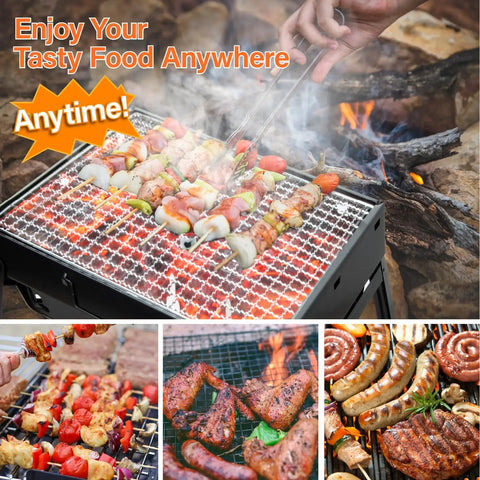 Person grilling skewers on Grab And Go Portable Folding Charcoal Grill And Smoker For Travel And Outdoors Lightweight Stainless Steel Tabletop BBQ