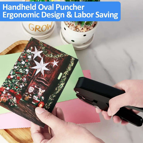 Person using Heavy-Duty Oval Hole Punch, Metal Handheld Slot Puncher For ID Cards And Paper, on festive photos and colored paper.