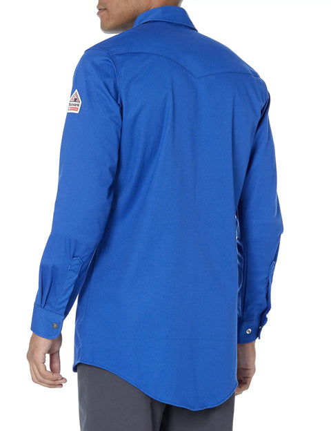 Professional Flame Resistant 7 Oz Cotton Work Shirt featuring snap front closure, back view, dual chest pockets.