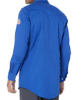 Back view of Heavy Duty Flame Resistant Shirt, Long Sleeve Seven Oz Cotton Uniform in royal blue, showing detail of the fabric.