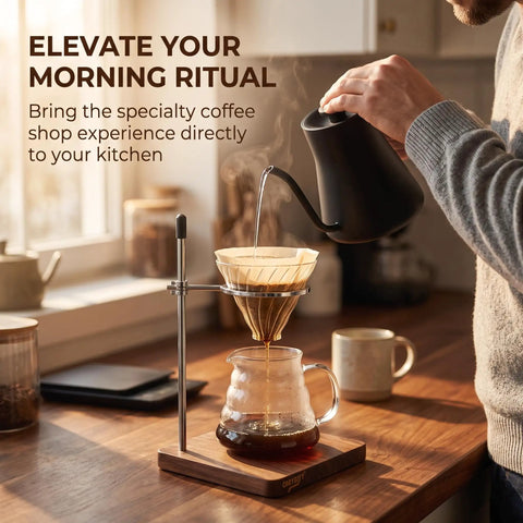 Pouring water into coffee dripper with Solid Black Walnut Pour Over Coffee Maker Stand and adjustable holder.