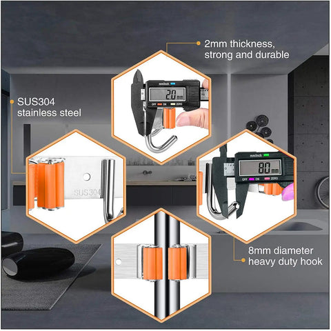 Orange Stainless Steel Broom Mop Holder Wall Mount Organizer With 3 Heavy Duty Racks And 4 Hooks Utility Closet Laundry Garage Kitchen Garden Tool Storage Clip For Vacuums And Cleaning Supplies, showcasing durability and thickness measurements.