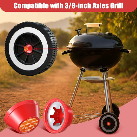 Two Pack Red Hub Cap Replacements With Reflective Sticker for 3/8 Inch Axle on grill and wagon wheel outdoors