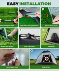 Step-by-step setup of All In One Golf Practice Net Set 10 By 7 Foot With Tri Turf Mat, including fiberglass poles and target net.