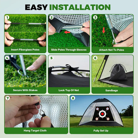 Step-by-step setup of All In One Golf Practice Net Set 10 By 7 Foot With Tri Turf Mat, including fiberglass poles and target net.