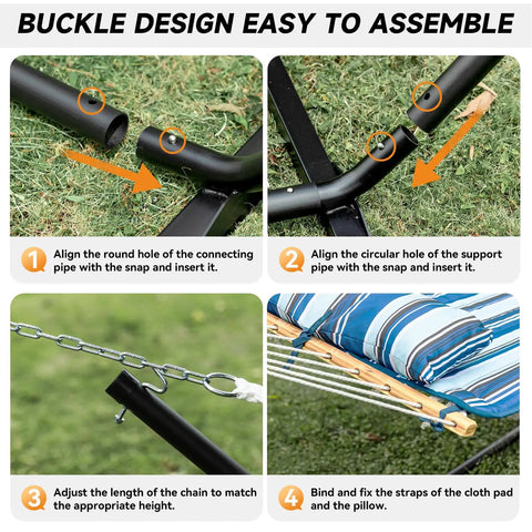 Assembly instructions for Two Person Outdoor Hammock With Stand For Lazy Summer Lounging, showing connecting pipes, chains, and pad.