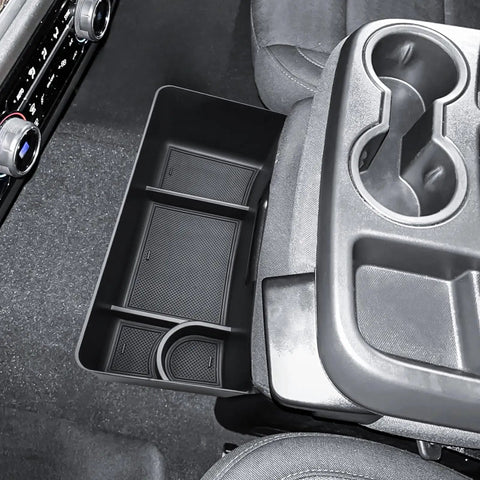 Center Console Hanging Organizer Box Fits 2019 To 2026 Chevy Silverado And GMC Sierra 1500 And 2020 To 2026 Silverado 2500HD And 3500HD Split Bench Seats Not For Bucket Seats Armrest Tray Storage, shown installed in vehicle