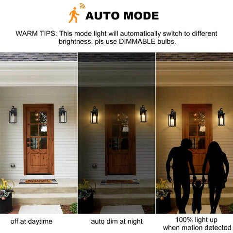Smart Motion Sensor Outdoor Wall Lantern Dusk To Dawn Sconce In Matte Black With Clear Glass Waterproof Porch Light shows auto mode