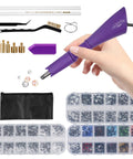 Hotfix Rhinestone Setter Kit with 7 tips and quick heat wand, purple handle, 3 boxes of colorful crystals, tweezers, cleaning brush, and wax pens displayed.