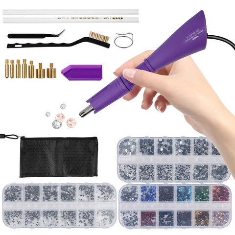 Hotfix Rhinestone Setter Kit with 7 tips and quick heat wand, purple handle, 3 boxes of colorful crystals, tweezers, cleaning brush, and wax pens displayed.