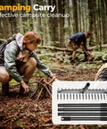 Extra Wide 17 Inch Double Sided Garden Rake shown in forest campsite setting for mulching debris removal and soil prep