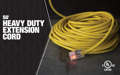 Coiled yellow All Purpose Outdoor Extension Cord With A Lit End 50 Feet 12 Gauge 3 Prong SJTW Vinyl Jacket on concrete.