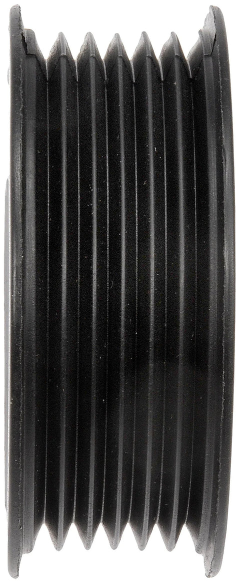 Front view of black ribbed accessory drive belt idler pulley for automotive use