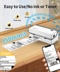 Bluetooth Thermal Shipping Label Printer For 4x6 Labels, Wireless Sticker Printer For Shipping Packages on a table with label printouts