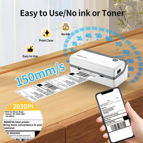 Bluetooth Thermal Shipping Label Printer For 4x6 Labels, Wireless Sticker Printer For Shipping Packages on a table with label printouts