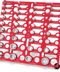 Red 55-thread checker for bolts and nuts with 20 standard, 16 metric, and 19 drill gauges; inch and metric sizes