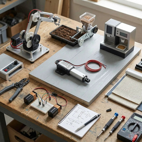 Tiny Yet Mighty 12V Micro Linear Actuator With 30mm Stroke, shown on a workbench with robotics and tools for DIY projects