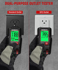 GFCI Outlet Tester With LCD Display And Auto Hold For 120V AC Home Outlets, shown testing standard and GFCI sockets.