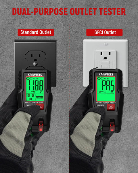 GFCI Outlet Tester With LCD Display And Auto Hold For 120V AC Home Outlets, shown testing standard and GFCI sockets.