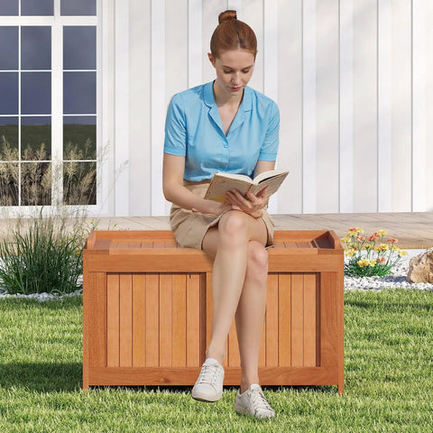 52 Gallon Outdoor Storage Bench With Flip Top For Cushions And Pool Supplies, wooden deck box used as seat in garden
