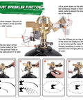 Diagram showing adjustment of 2 Pack Impact Sprinklers on Tripod Bases with Stakes 360 Degree Coverage Irrigation System.