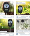 Four views of a 7 In One Soil Test Kit With Moisture Meter, PH Tester, Sunlight Intensity, placed in garden soil, displaying LCD readings.