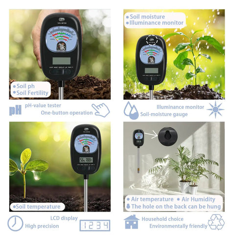 7-In-One Soil Test Kit With Moisture Meter, PH Meter, Sunlight Intensity Sensor, Fertility Tester in use with plants in garden
