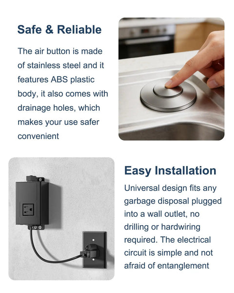 Stainless Steel Brushed Nickel Garbage Disposal Air Switch Kit With Sink Top Button and wall plug installation view