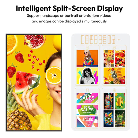 65 Inch Digital Signage Display For Shop Window Featuring 3000 Nits Hella Bright Sunlight Readable Lcd Monitor with split-screen showcase.