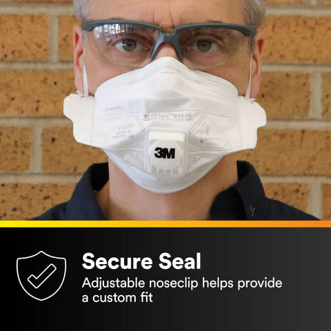 Person wearing N95 Disposable Respirator With VFlex 9105 Particulate Mask, secure seal and adjustable nose clip.