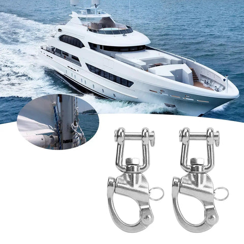 Top Shelf 316 Stainless Steel Snap Shackles With Swivel Rotating Eye And No Hassle Quick Release Design For Heavy Duty Sailboat Rigging Yacht Halyards And Rugged Industrial Deck Hardware 128 Mm with yacht in background.