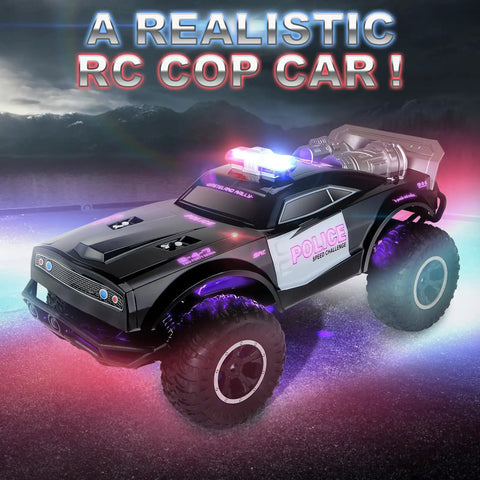 Remote Control Police Car With Lights And Sirens For Kids 1 To 8 Scale RC Cop Truck with glowing lights on a night landscape