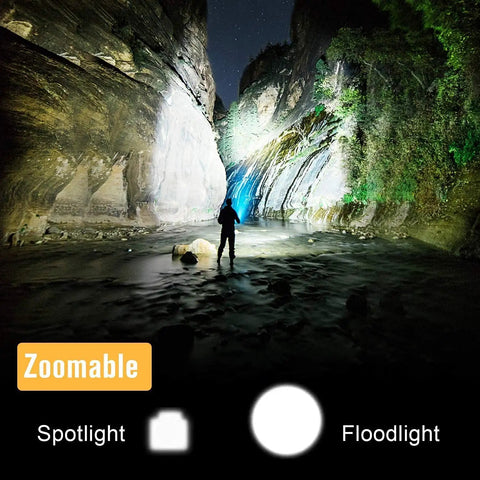 A person stands with Two Pack 2000 Lumen Tactical Flashlights Heavy Duty Aluminum Zoomable Beam 5 Modes Waterproof in a canyon at night.