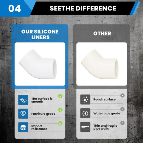 Comparison of silicone liners and generic elbows, highlighting smooth furniture-grade surface, impact resistance vs rough water-pipe-grade.