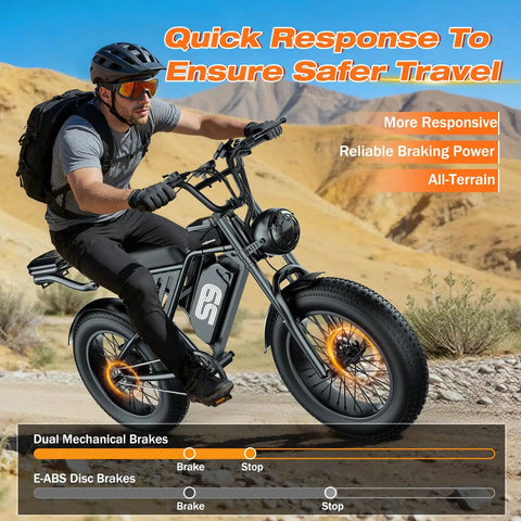 Beast 2500W Peak Fat Tire Electric Dirt Bike For Adults With 36 MPH Top Speed, 65 Mile Range, NFC Unlock, 48V 20Ah Removable Battery, All Terrain Off Road Ebike rider on desert trail with dual brakes