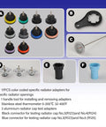 Universal Cooling System Pressure Tester Kit And Radiator Vacuum Refill Set With 18 Pro Shop Color Coded Adapters, includes 17 adapters and tools.