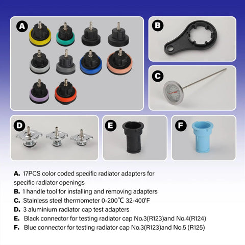 Universal Cooling System Pressure Tester Kit And Radiator Vacuum Refill Set With 18 Pro Shop Color Coded Adapters, includes 17 adapters and tools.