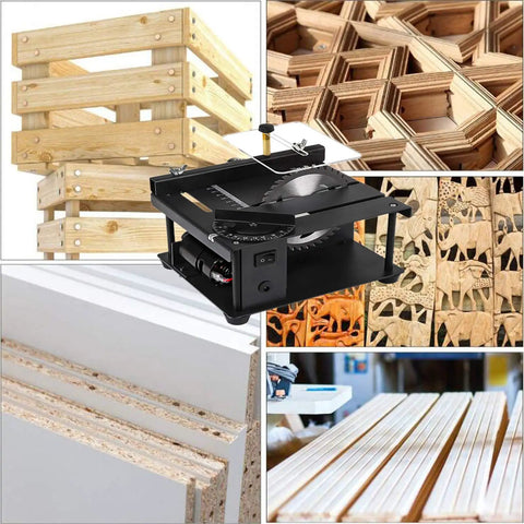 Killer Slick Mini Table Saw Electric Rotary Tool With Variable Speed Motor And 0 To 90 Adjustable Angle cutting stacked wood and various materials.