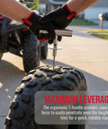 Hands using T-handle tool on tire with 68 Piece Heavy Duty Tire Repair Kit For Cars Motorcycles Trucks ATVs SUVs RVs Trailers