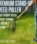 Person using Stand Up Weed Puller Tool With Heavy Duty 4-Claw Steel Head And Solid Bamboo Handle on grass lawn