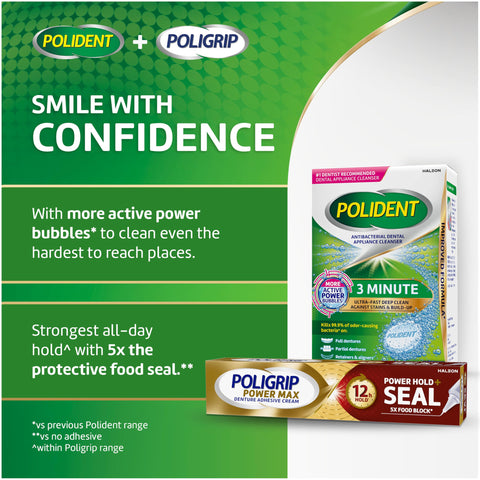 Power Max Hold Denture Adhesive Cream for Super Strong Hold and Food Seal Flavor Free 2.2 Oz Tubes Pack of 4 Clinically Proven for All Day Confidence Now shown with related Poligrip and Polident products.