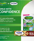 Image of Polident and Poligrip packaging with benefits highlighted, showing Power Max Denture Adhesive Cream and cleaning tablets.