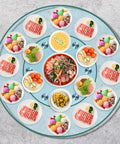Clear Round Glass Lazy Susan Turntable For Dining Table With 360 Degree Swivel Easy Spin Smooth Quiet Rotation Serving Tray Stand 120cm 47 Inch Diameter Great For Kitchen Counter Dining Room Family Dinners And Party Tables with assorted dishes and desserts displayed.