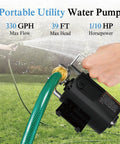 Efficient 120V 330 GPH Non Submersible Water Transfer Pump One Tenth HP held by hand in garden with green hose.