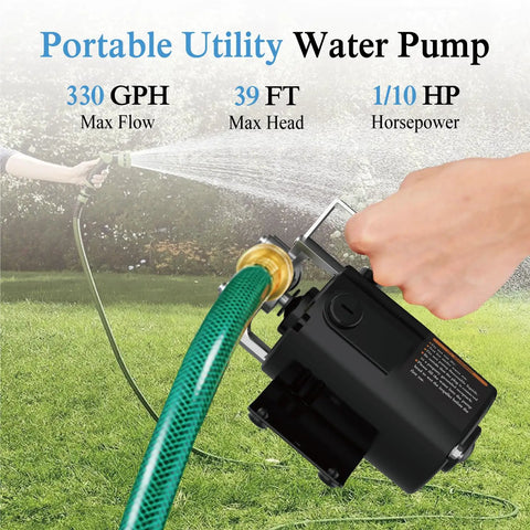 Efficient 120V 330 GPH Non Submersible Water Transfer Pump One Tenth HP held by hand in garden with green hose.