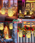 Solar Mason Jar Lid Lights With 30 Warm White LEDs glowing in holiday scenes, waterproof outdoor fairy string lights, energy-saving decor.