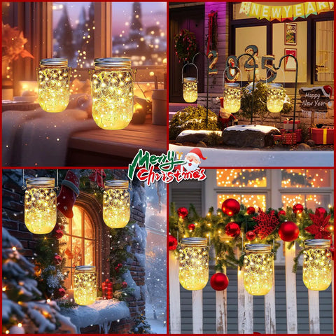 Solar Mason Jar Lid Lights With 30 Warm White LEDs glowing in holiday scenes, waterproof outdoor fairy string lights, energy-saving decor.