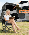 Heavy Duty Camping Chair With Canopy Shade And Umbrella Cup Holder Oversized Folding Beach Chair For Adults shown with roll-up side shade outdoors