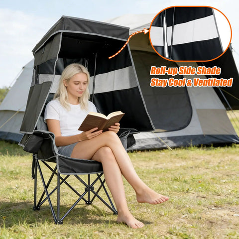 Heavy Duty Camping Chair With Canopy Shade And Umbrella Cup Holder Oversized Folding Beach Chair For Adults shown with roll-up side shade outdoors